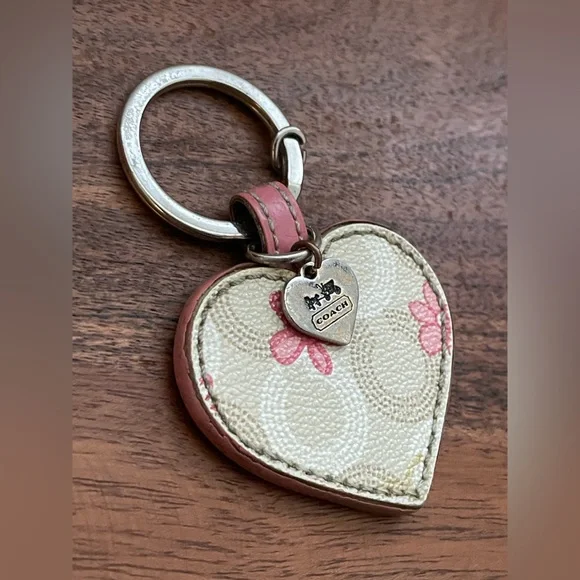 COACH Tan & Pink Optic C Leather Heart Shape Bag Charm - Picture 2 of 4